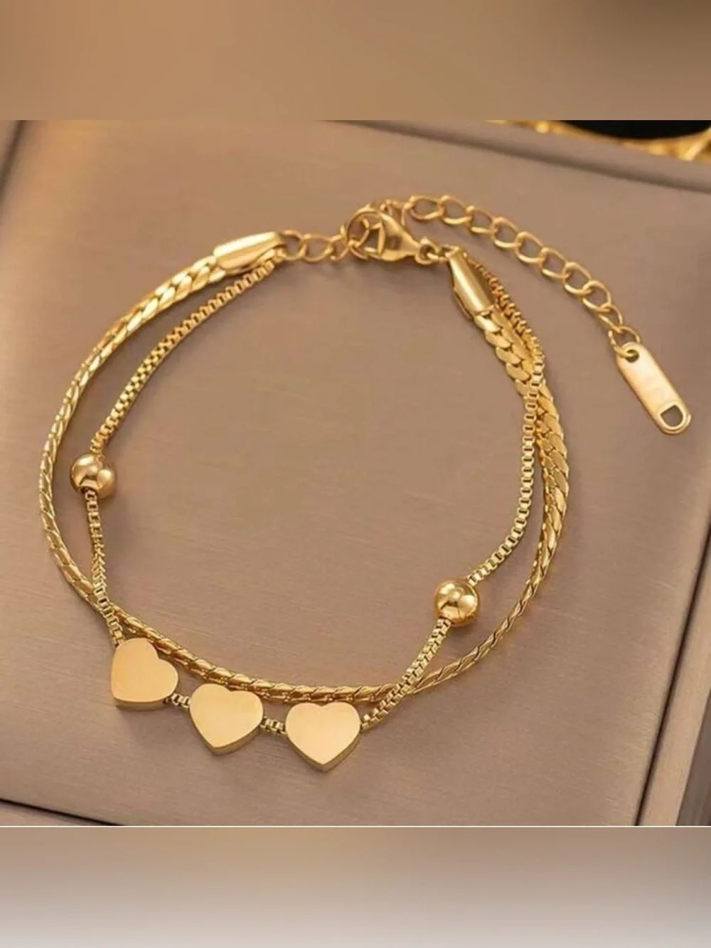 18k Gold Plated Heart Pendant Layered Bracelet